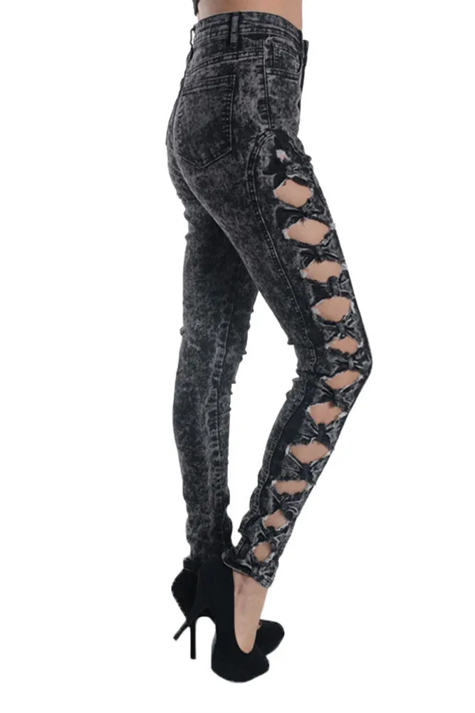Women's Cut-N-Tied Acid Wash Skinny Jeans