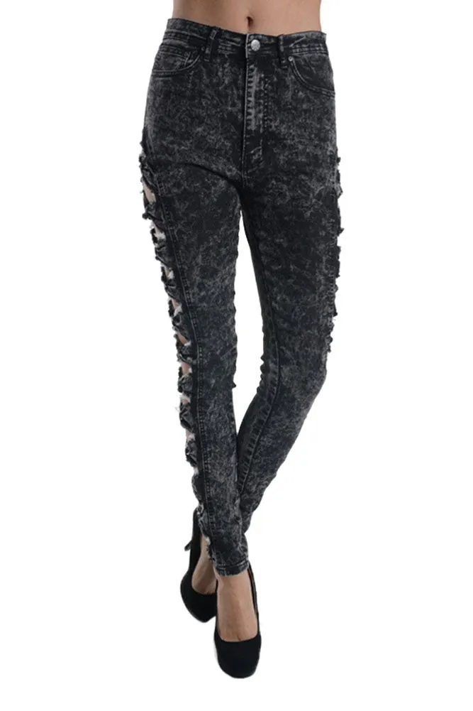 Women's Cut-N-Tied Acid Wash Skinny Jeans