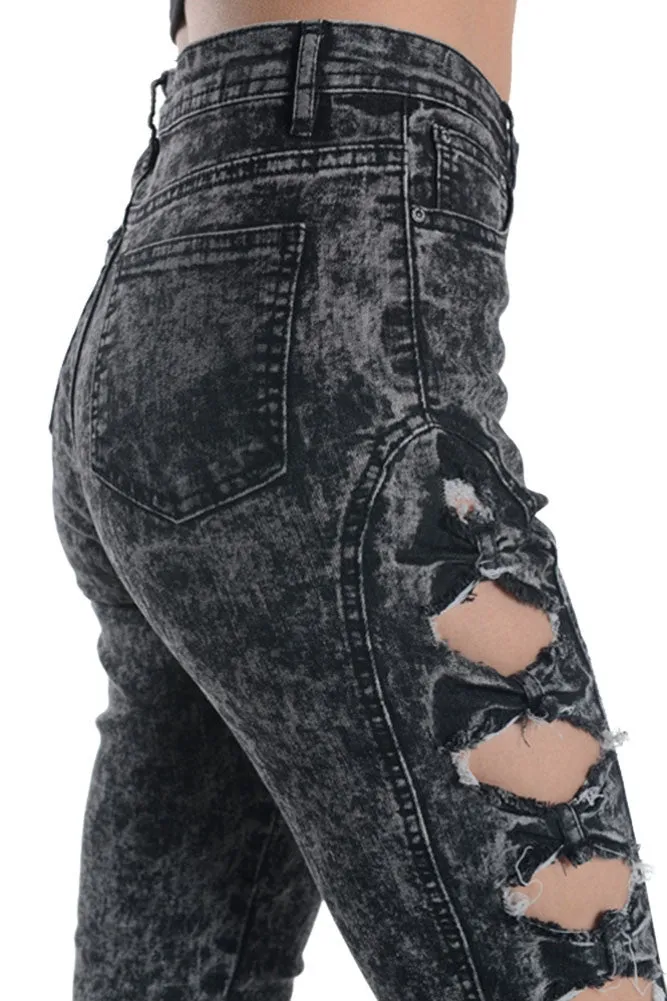 Women's Cut-N-Tied Acid Wash Skinny Jeans