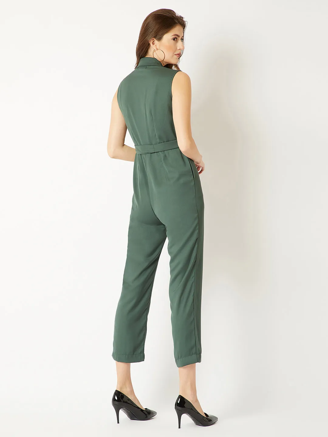 Women's Dark Green V-Neck Sleeveless Straight Leg Tie-Up Solid Belted Wrap Jumpsuit