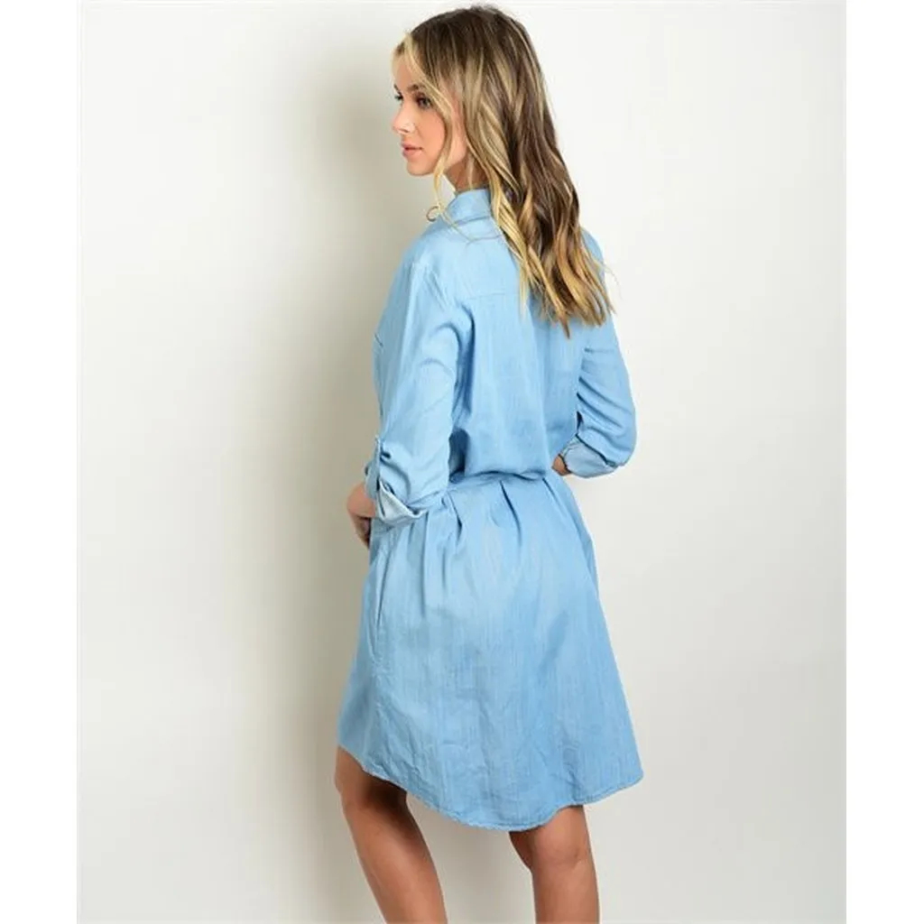 Women's long sleeve Denim Tunic Button Down shirt Dress